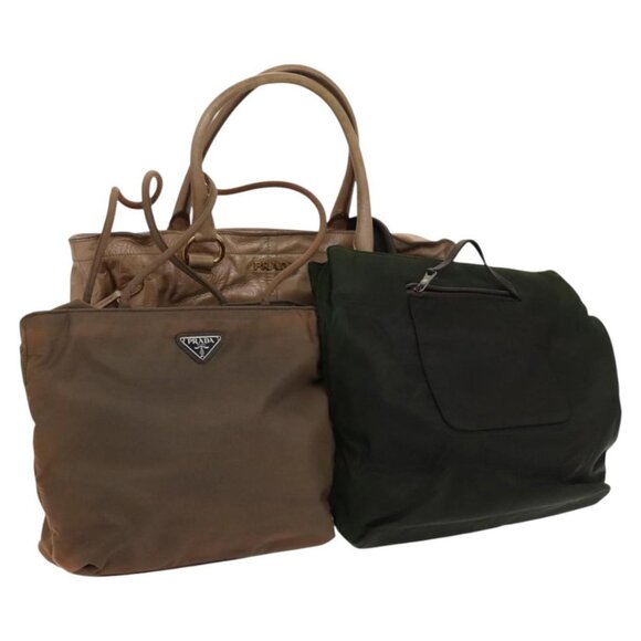 PRADA Hand Bag Nylon Leather 3Set Khaki Beige Auth bs22539
